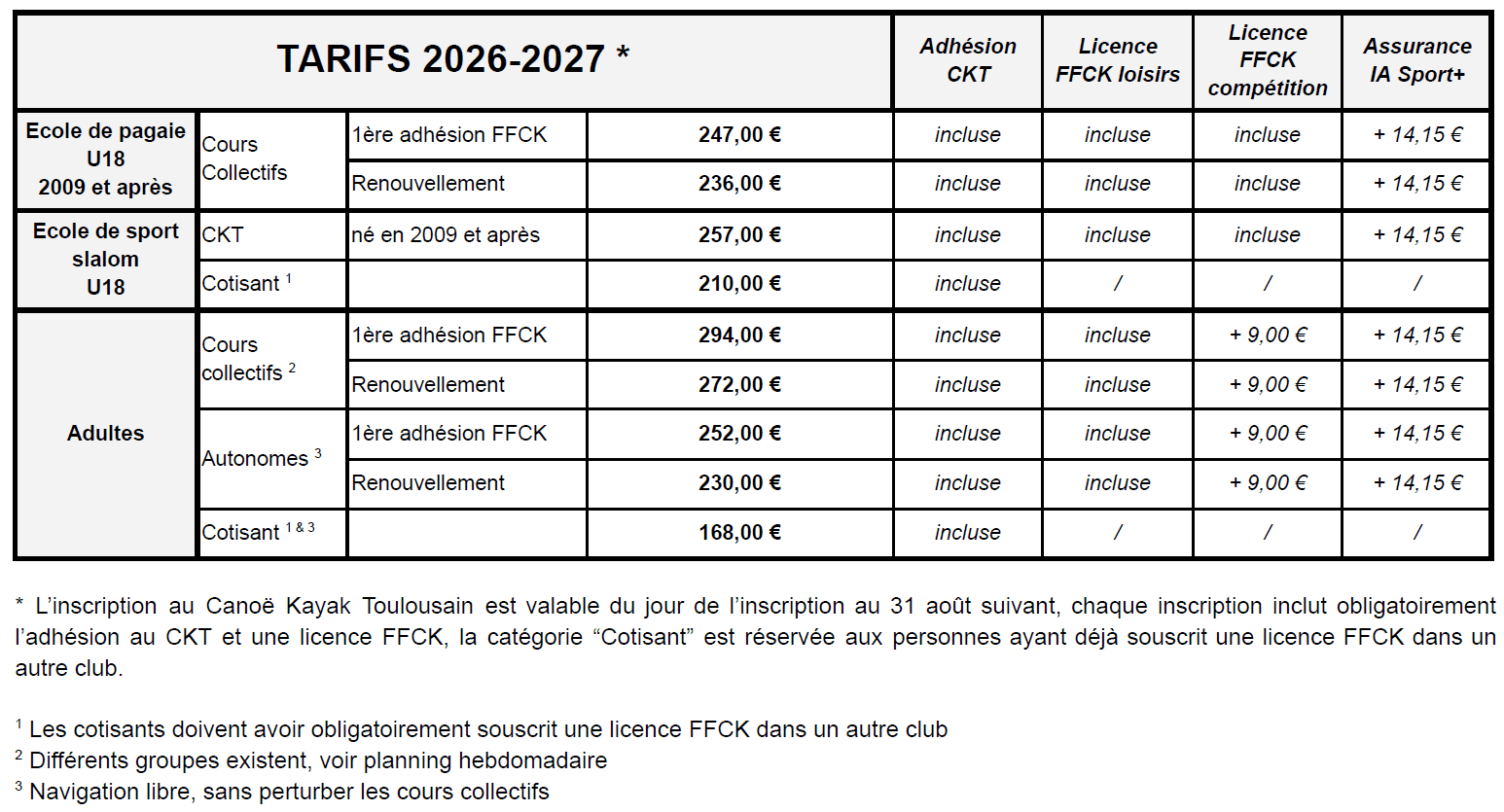 tarif 2026 - 2027